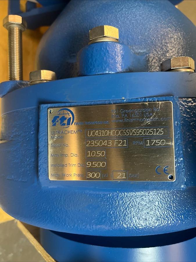 FTI,UC4310,ULTRACHEM 4"X3X10 SEALLESS PLASTIC LINED MAGNETIC CHEMICAL PUMP 20HP