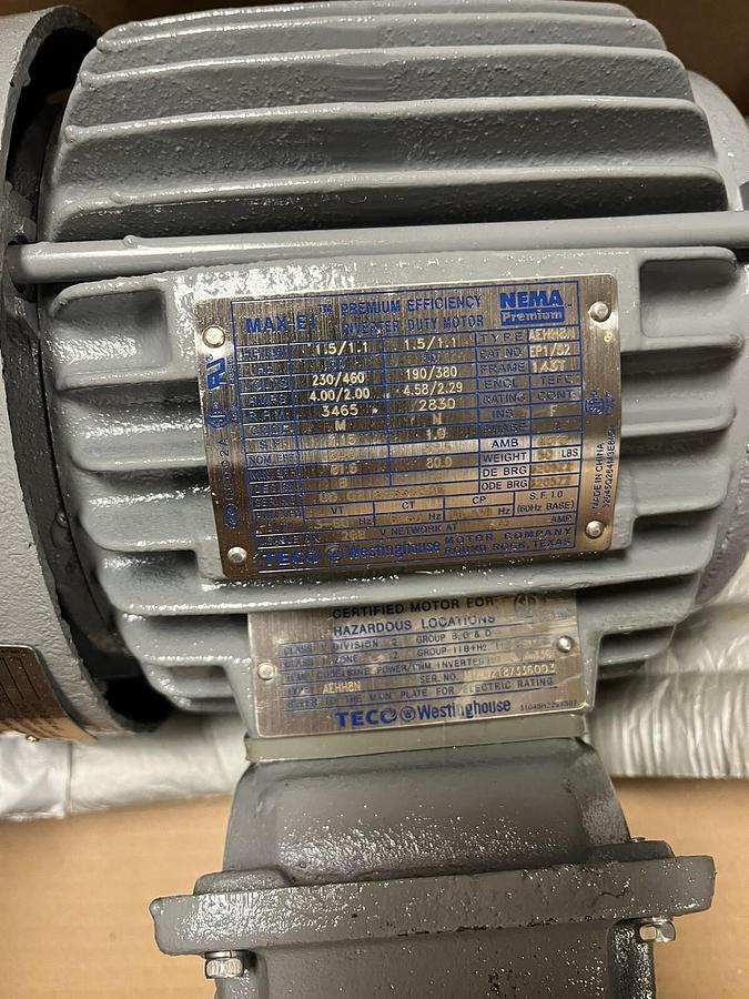 TECO Westinghouse,EP1/52,MOTOR AEHH8N 1.5HP 3PH 3600RPM 143T 2P TEFC