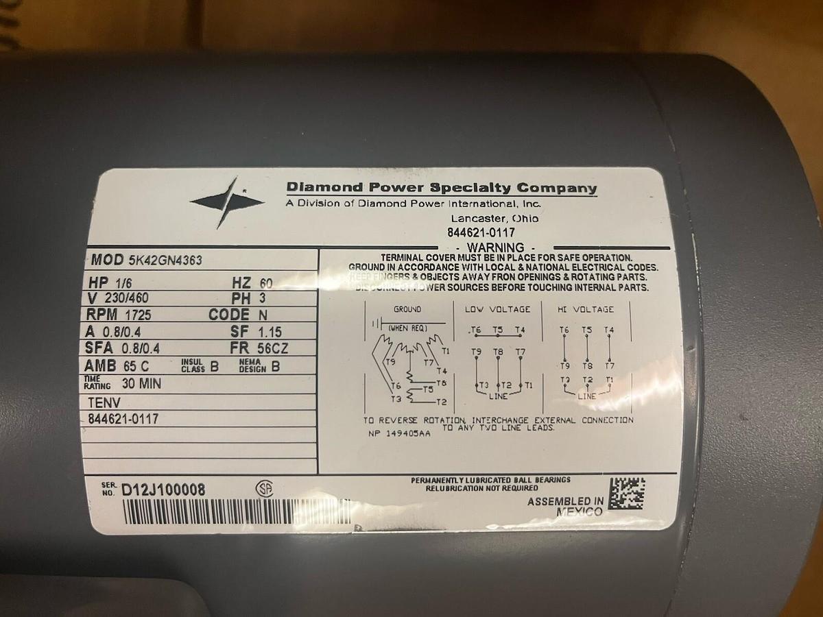 DIAMOND POWER,5K42GN4363,ELECTRIC MOTOR 1/6HP 1725RPM 3PH 56CZ