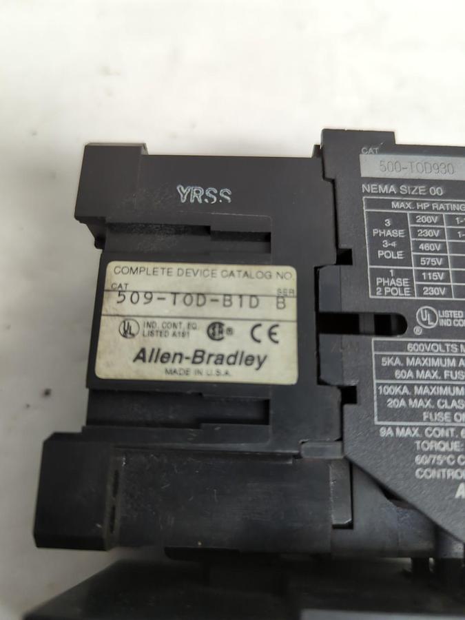 Used ALLEN BRADLEY,509-TOD-B1D,CONTACTOR/STARTER SIZE 00 WITH 592-B1DT PRE-OWNED
