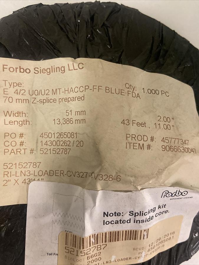 Used Forbo Siegling,E 4/2-U0/U2 MT-HACCP-FF,Blue FDA Conveyor Belt W 51MM L 13386MM