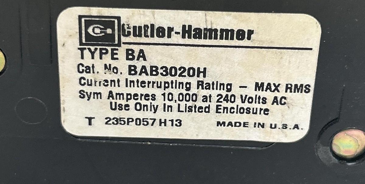 Used CUTLER-HAMMER,BAB3020H,CIRCUIT BREAKER 20A 240V 3P