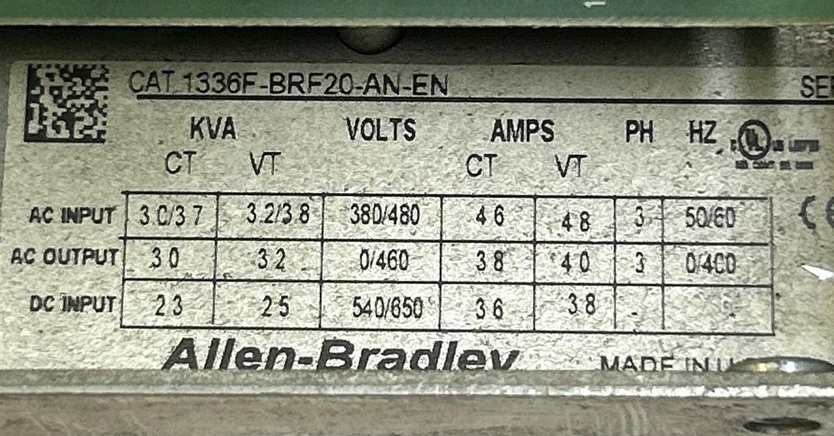 Used ALLEN BRADLEY,1336F-BRF20-AN-EN,ADJUSTABLE FREQUENCY AC DRIVE