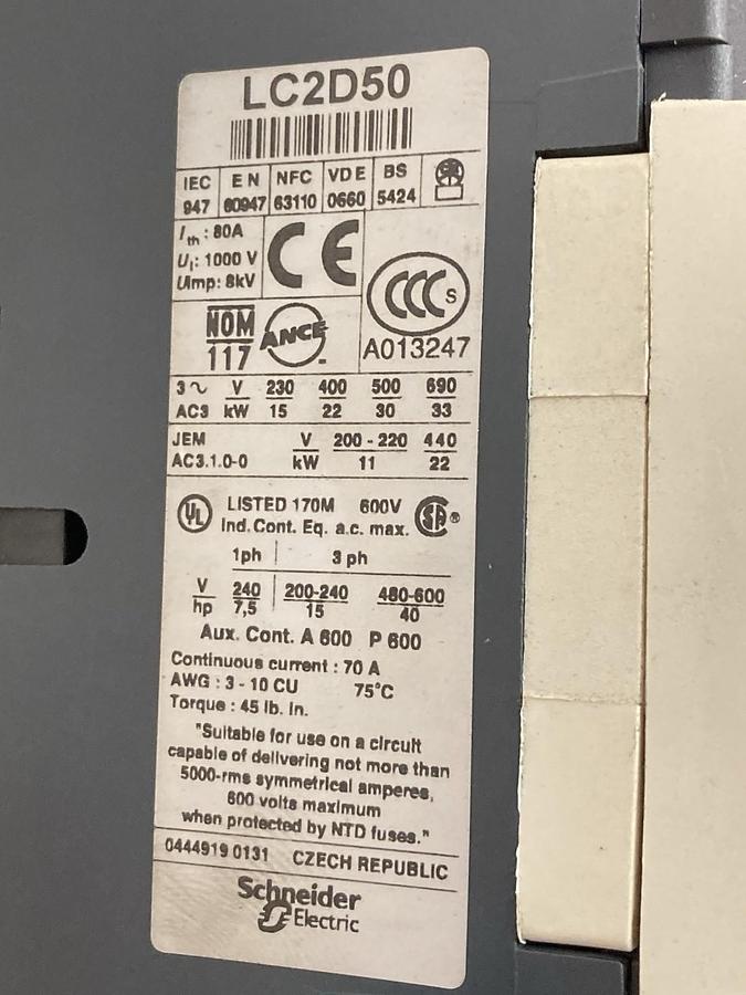 Used Telemecanique,LC1 D50,Contactor Motor Starter