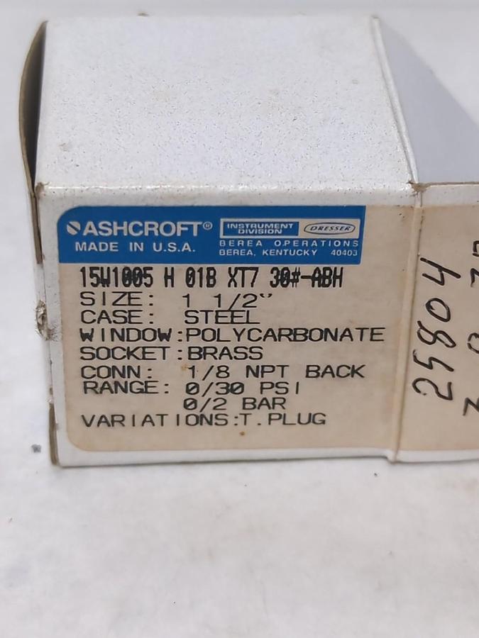ASHCROFT,15W1005H01BX17,PRESSURE GAUGE 1-1/2 IN FACE 1/8 IN NPT BACK 0/30 PSI