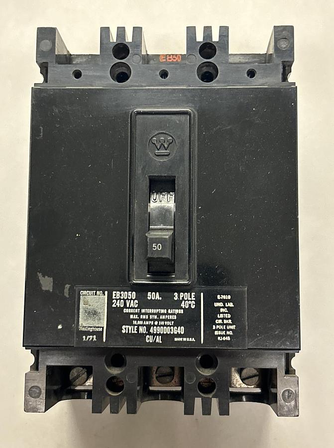 Used WESTINGHOUSE,EB3050,CIRCUIT BREAKER 50A 3P 240V