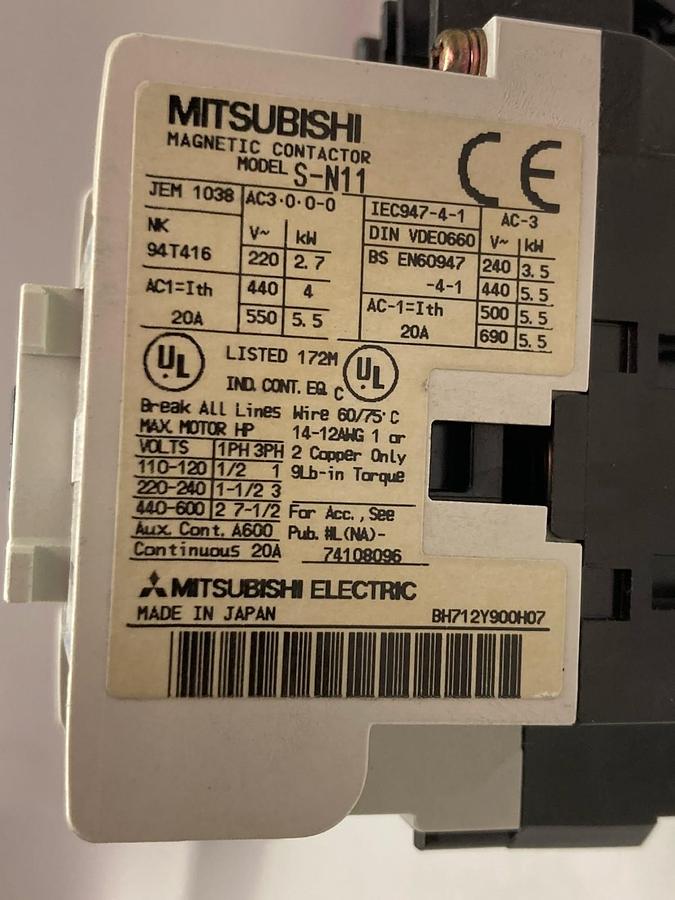 Mitsubishi,Model S-N11,Magnetic Contactor 20A