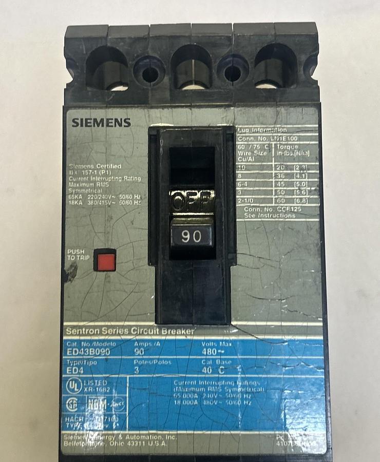 Used SIEMENS,ED43B090,CIRCUIT BREAKER 90A 480V 3P