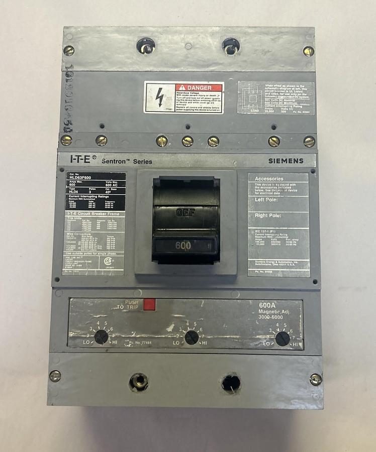 Used SIEMENS,HLD63F600,CIRCUIT BREAKER 600A 600V 3P