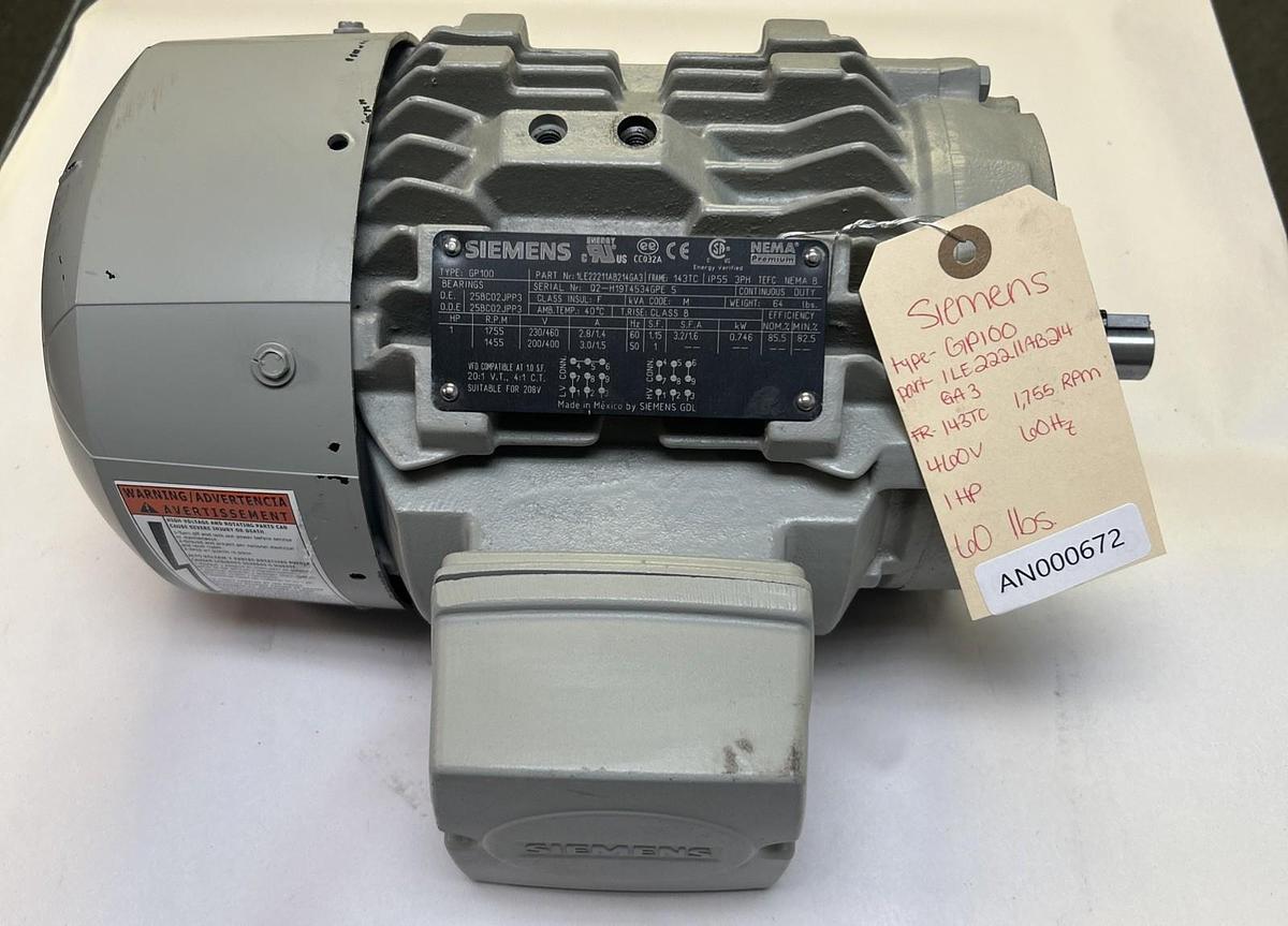 SIEMENS,1LE22211AB214GA3,MOTOR 1HP 1755RPM 230/460V 143TC FRAME NOS
