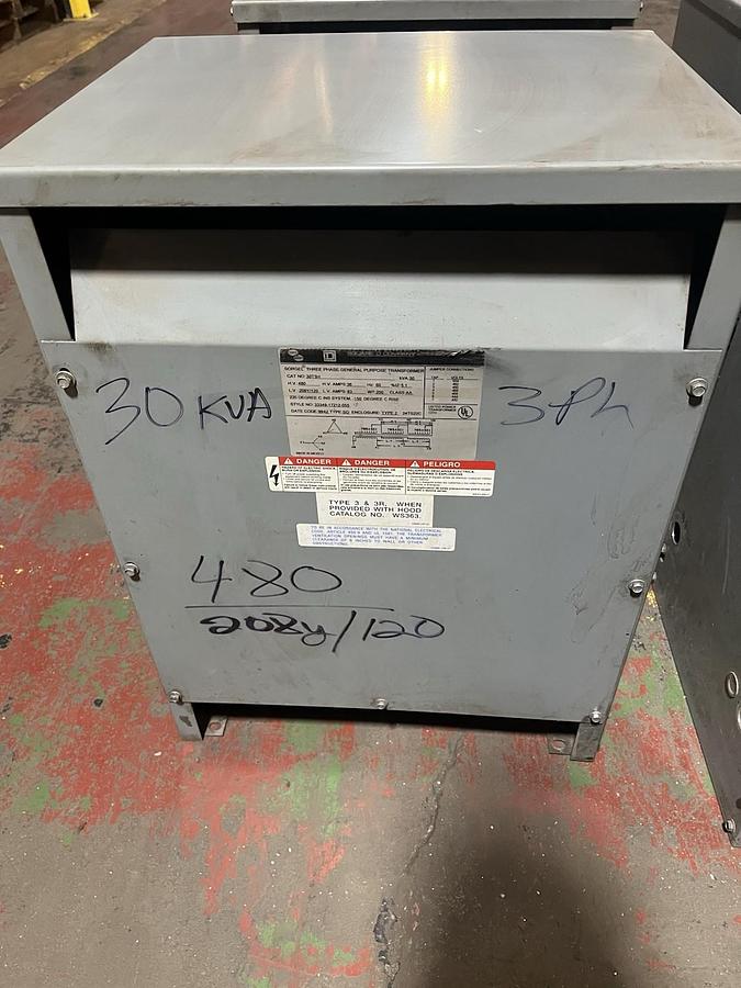 Used SQUARE D,30T3H,TRANSFORMER 30KVA TRANSFORMER H.V. 480 L.V. 208Y/120V