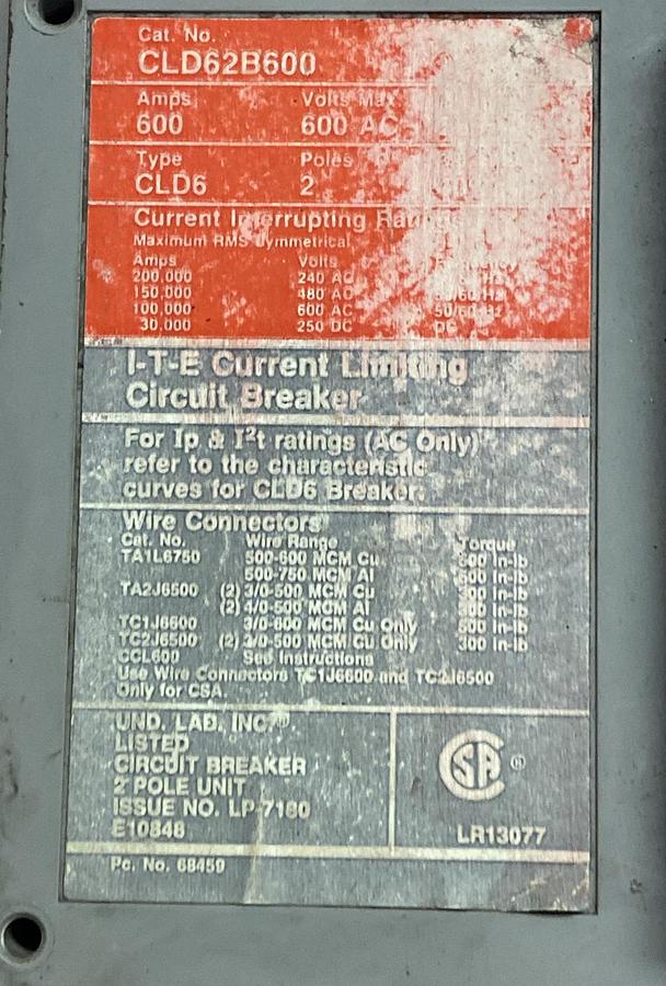 Used ITE SIEMENS,CLD62B600,CIRCUIT BREAKER 600A 600V