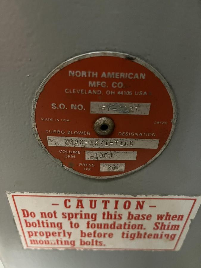 Used NORTH AMERICAN,2320-35/1-T10D,TURBO BLOWER 1000CFM 10HP 3530 3PH