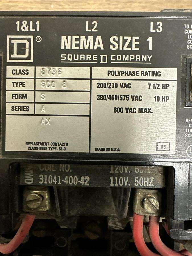 Used Square D,8736SCO8,Series A Size 1 Reversing Starter