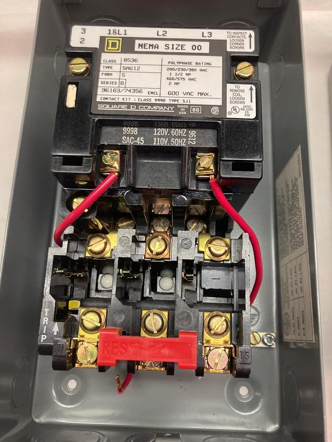 Used Square D,Class 8536 Type S,Motor Starter Nema Size 00 SAG12 600VAC