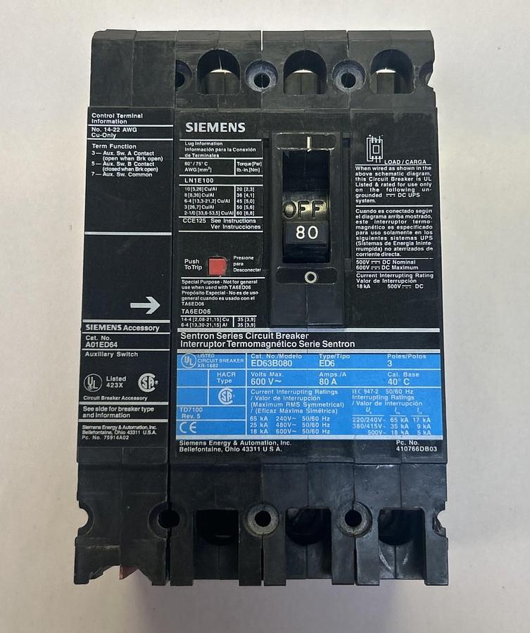 Used SIEMENS,ED63B080,CIRCUIT BREAKER 80A 600V 3P