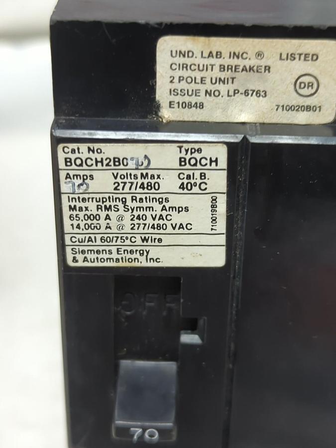 Used SIEMENS,BQCH2B070,CIRCUIT BREAKER 70 AMP 2-POLE PRE-OWNED