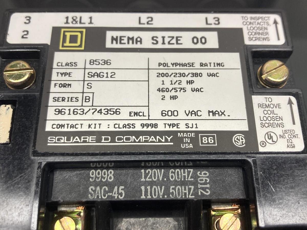Used Square D,Class 8536 Type S,Motor Starter Nema Size 00 SAG12 600VAC