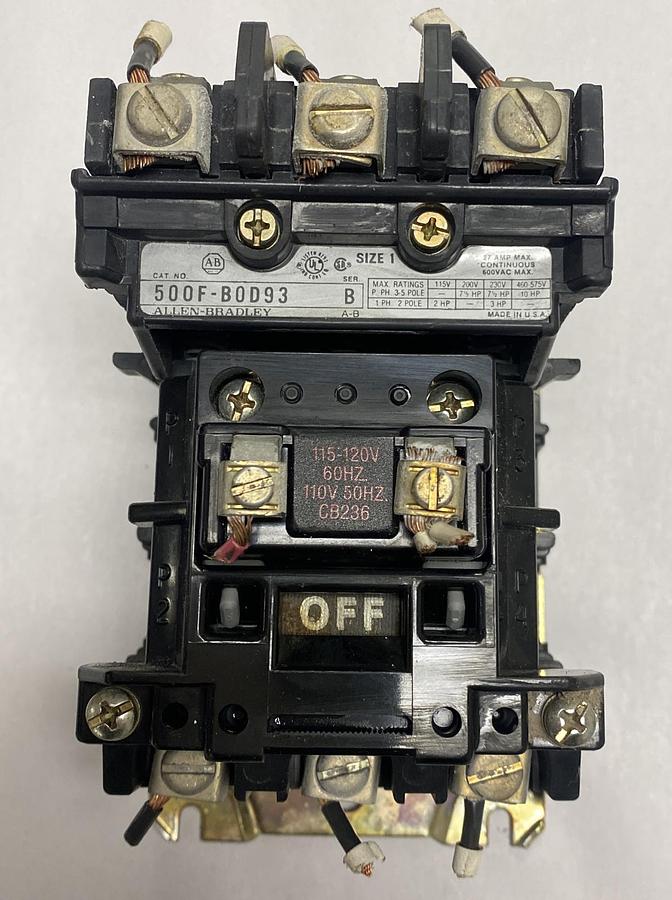 Used ALLEN-BRADLEY,500F-B0D93,SER B SIZE 1 STARTER 27A 600V