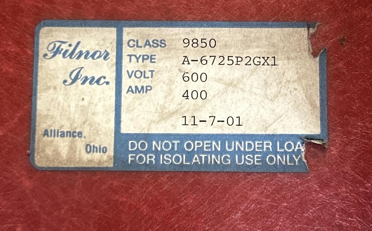 Used FILNOR INC,A-6725P2GX1,KNIFE SWITCH 400A 600V