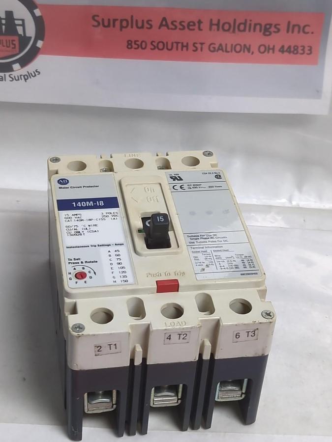 Used ALLEN BRADLEY,140M-I8,MOTOR CIRCUIT PROTECTOR 600VAC 15 AMP 3-POLE 250VDC