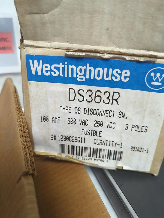 WESTINGHOUSE,DS363R,TYPE DS DISCONNECT SWITCH 3-POLE 100 AMP 600VAC 250VDC NOS