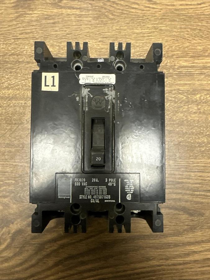 Used Westinghouse,FB3020,Circuit Breaker 20 Amp 600VAC 3 Pole
