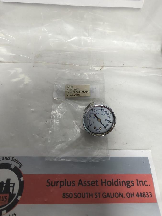 Used GAST,AE136,VACUMM GAUGE 2 INCH FACE 1/4 INCH NPT BACK MOUNT 30 HG-0 VAC