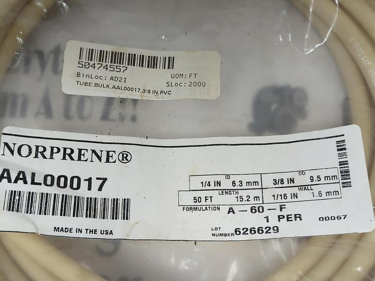 Used NORPRENE,AAL00017, 1/4 IN 6.3MM I.D 3/8 IN 9.5MM O.D 50FT NORPRENE TUBING NOS