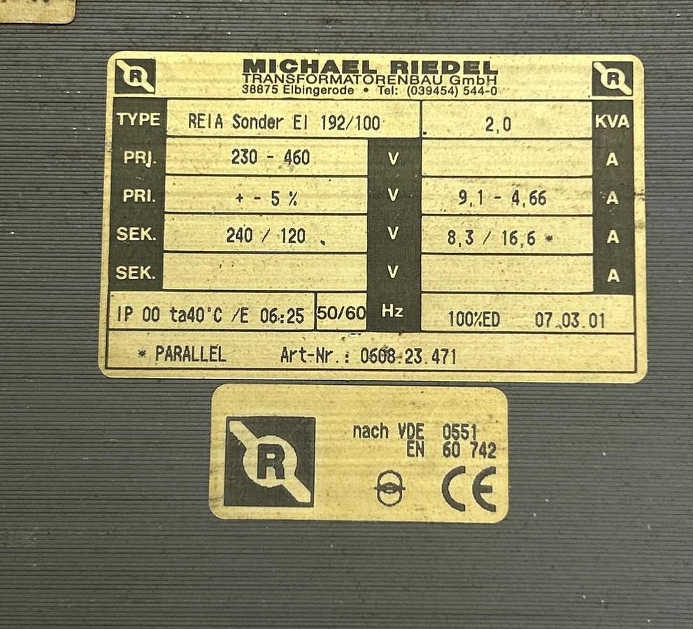 Used MICHAEL RIEDEL REIA SONDER,EL 192/100, TRANSFORMER 2KVA