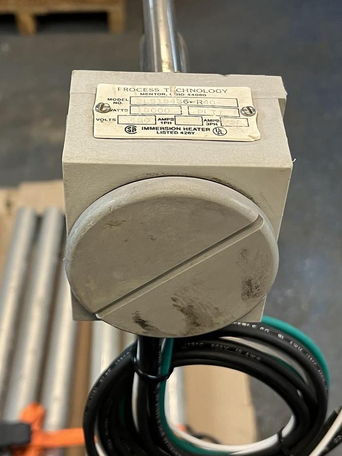 Used PROCESS TECHNOLOGY,3LS18436-R40,3 ELEMENT SS 18kW 480V IMMERSION HEATER 36Lx40H