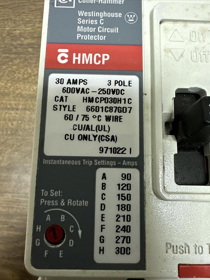 Cutler Hammer,HMCP030H1C,3 Pole 600VAC-250VDC 30 Amp Breaker NEW