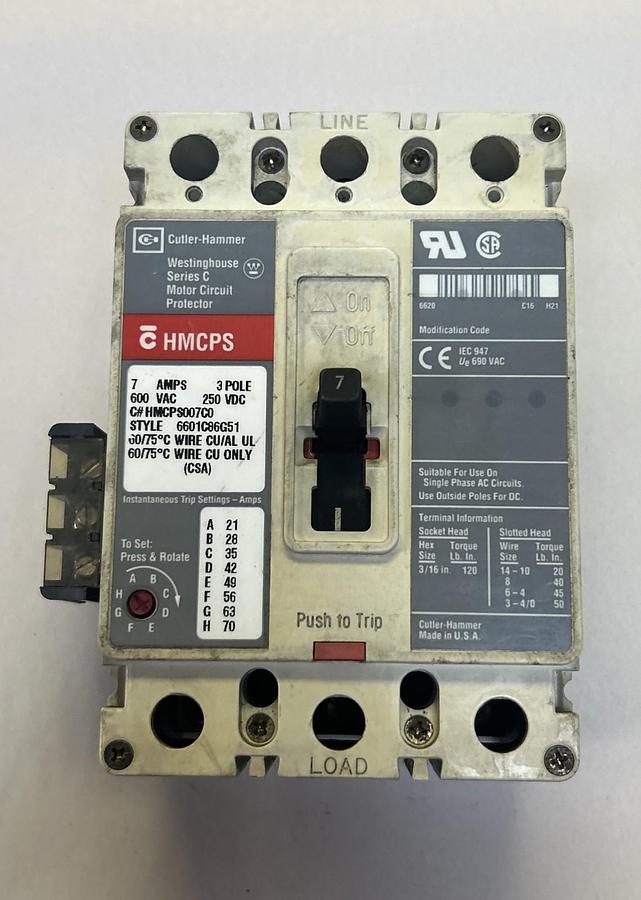 Used CUTLER-HAMMER,HMCPS007C0,CIRCUIT BREAKER 7A 600V 3P
