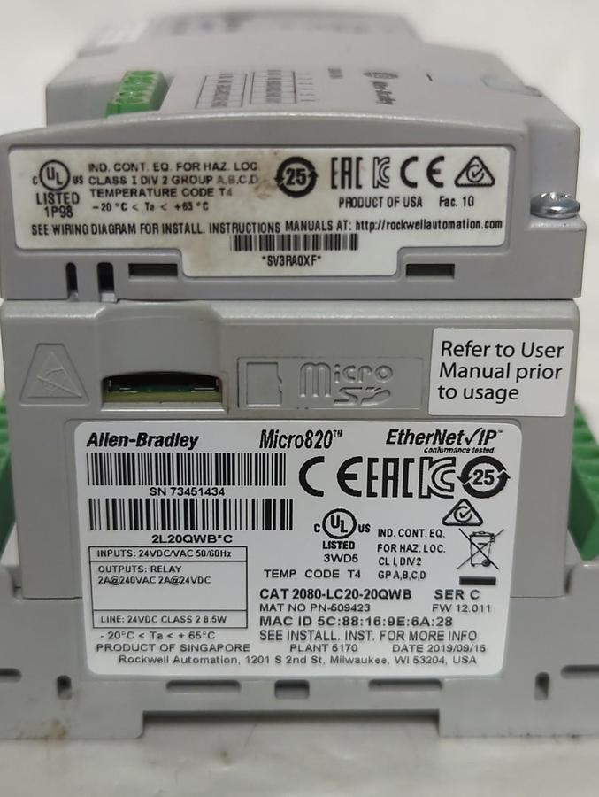 Used ALLEN BRADLEY,2080-LC20-20QWB,MICRO 820 ETHERNET PLC CONTROLLER PRE-OWNED