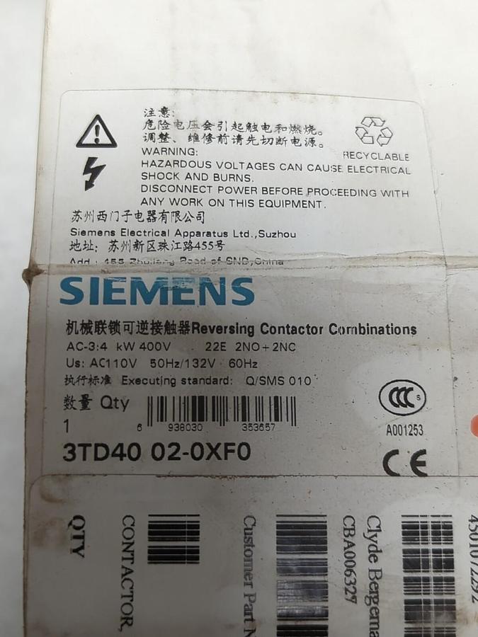 SIEMENS,3TD4002-OXFO,REVERSING CONTACTOR NOS