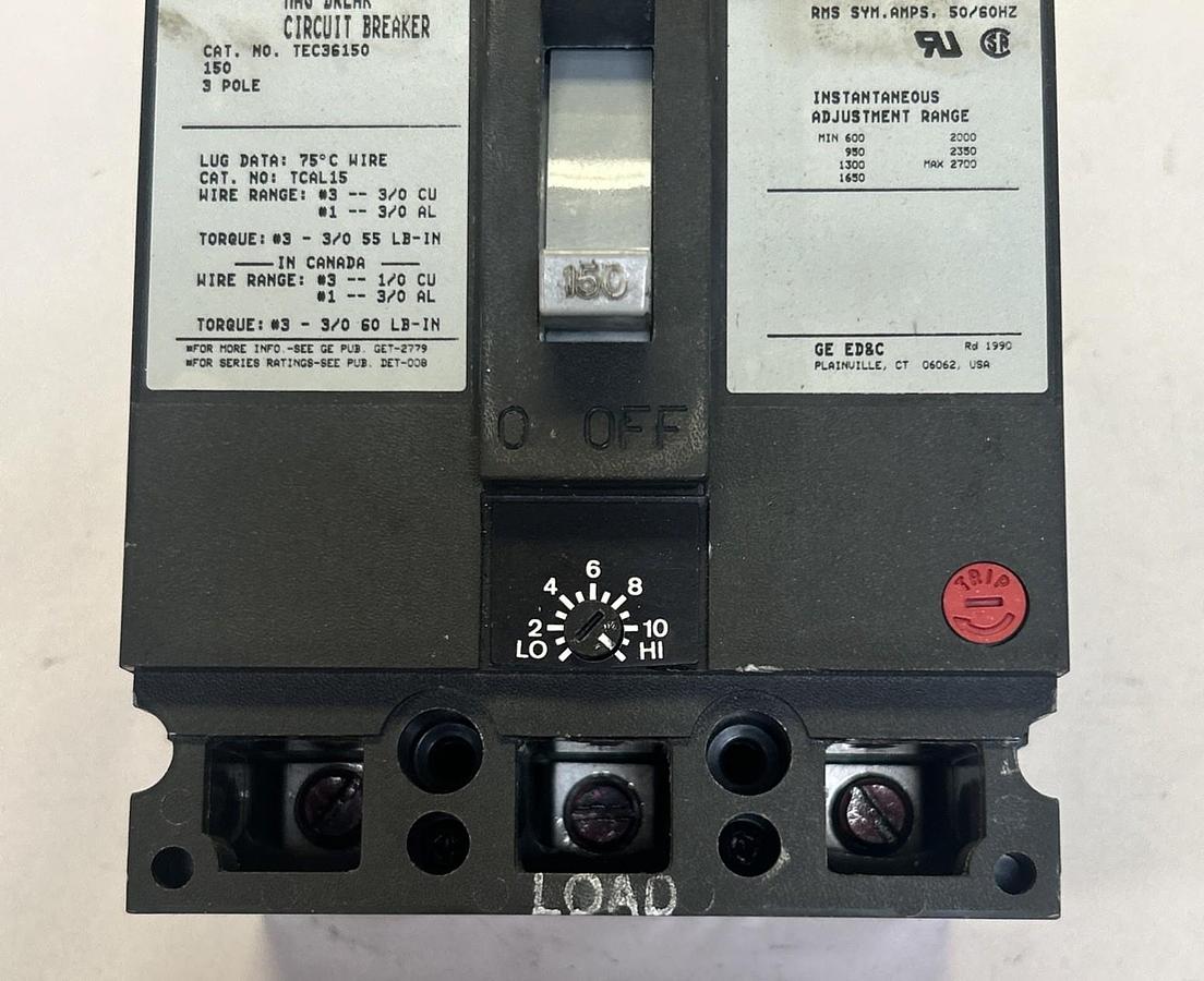 Used GENERAL ELECTRIC GE,TEC36150,CIRCUIT BREAKER 150A 600V 3P