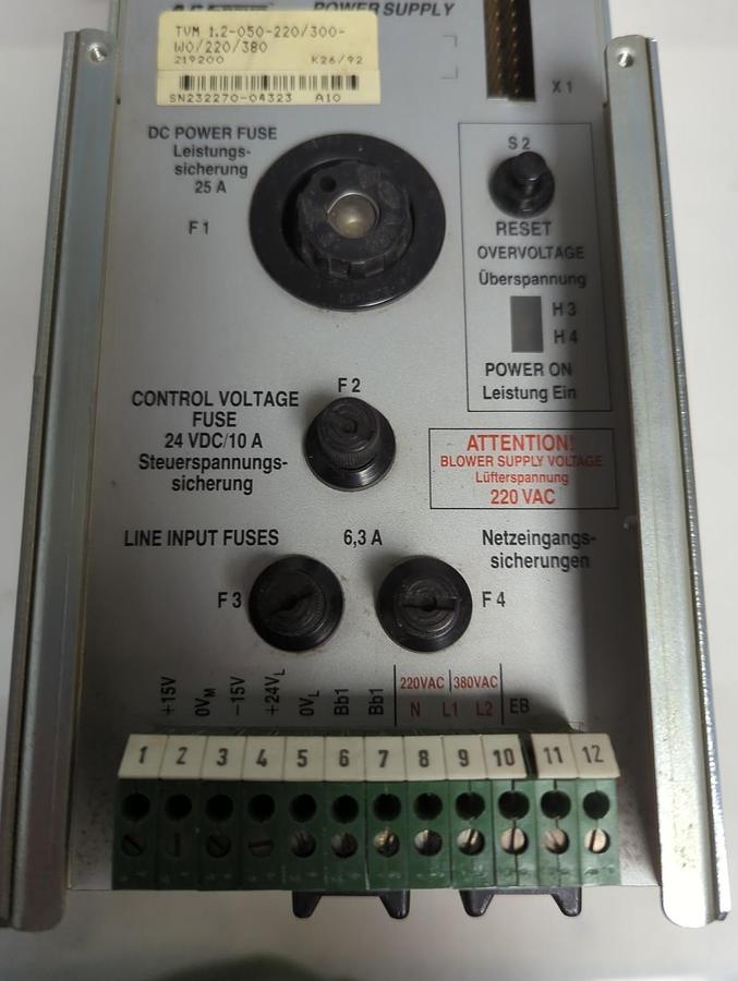 Used INDRAMAT,TVM 1.2-050-220/300-W0/220/380,A.C. SERVO POWER SUPPLY NO COVER/PLATE