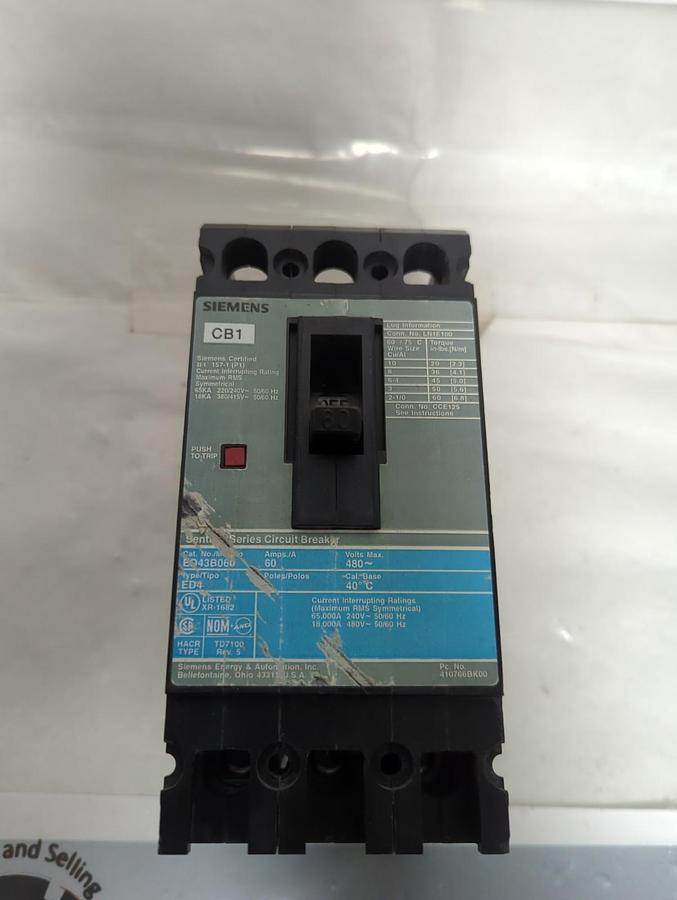 Used SIEMENS,ED43B060,CIRCUIT BREAKER 60 AMP 480 V 3-POLE PRE-OWNED