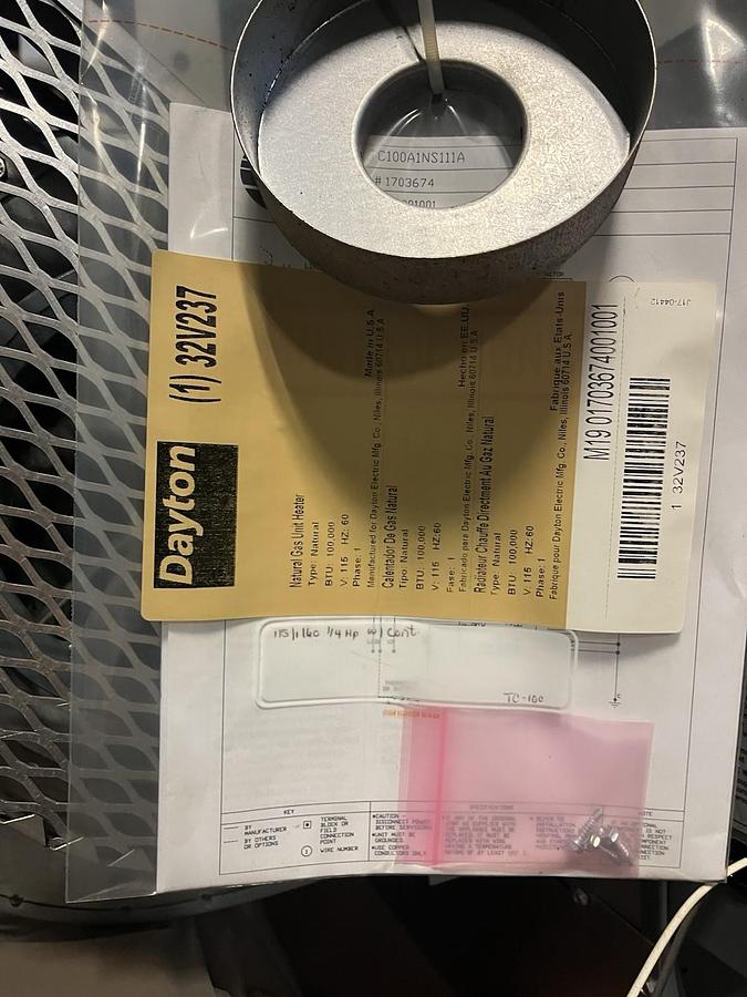 DAYTON,32V237,NATURAL GAS UNIT HEATER 100K BTU 115V 1PH