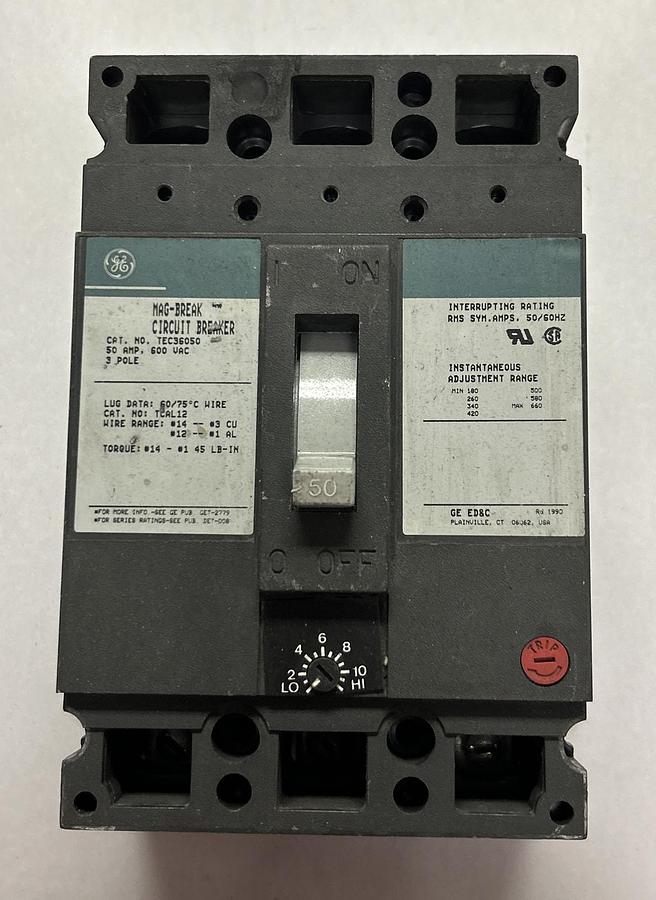 Used GENERAL ELECTRIC,TEC36050,CIRCUIT BREAKER 50A 600V 3P