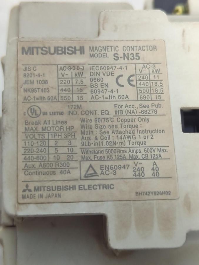 Used MITSUBISHI,S-N35,CONTACTOR WITH THERMAL OVERLOAD RELAY PRE-OWNED