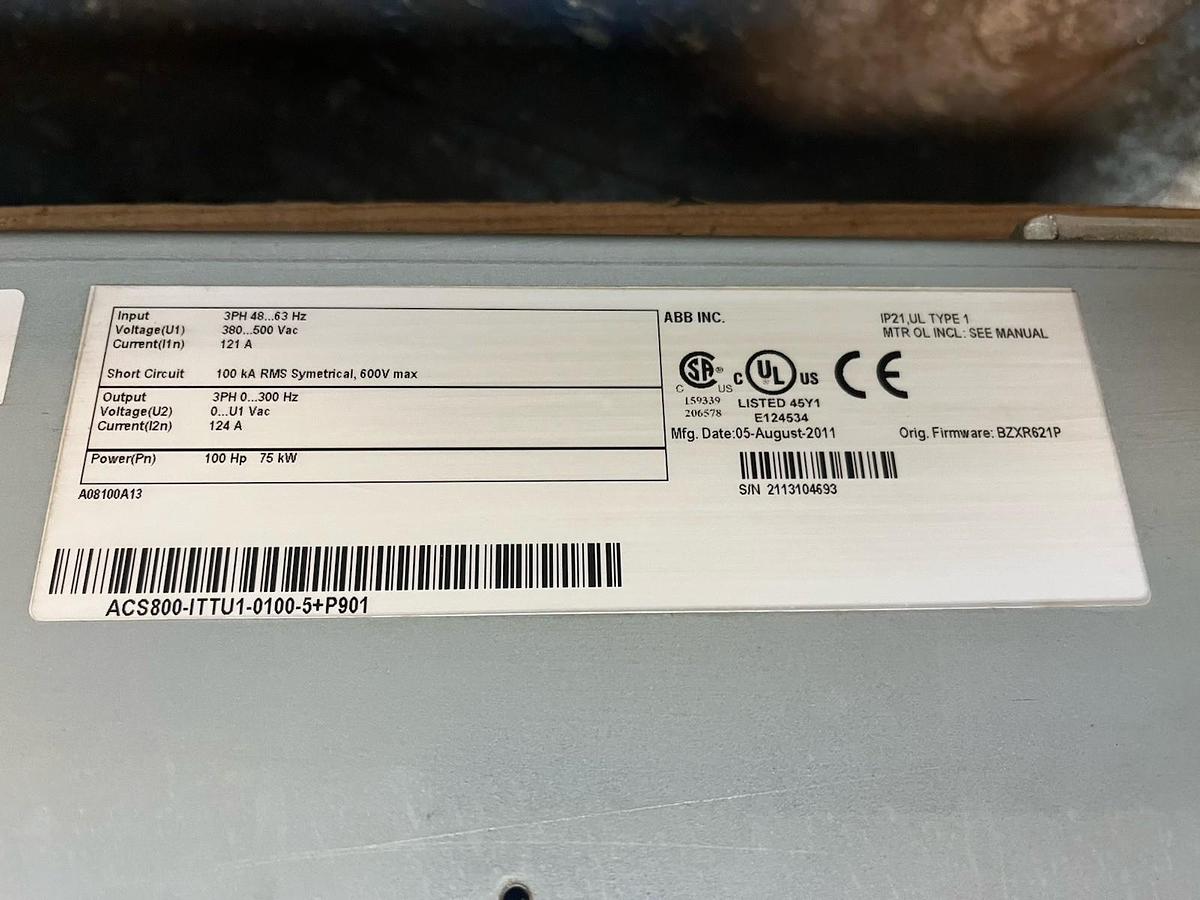 Used ABB,ACS800-ITTU1-0100-5+P901,ITT PUMPSMART VFD VAR. FREQUENCY DRIVE 100HP 124A