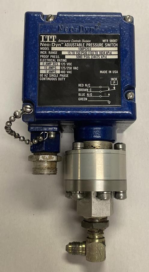 Used ITT Neo-Dyn,100P52C3,Adjustable Pressure Switch 5000 PSIG