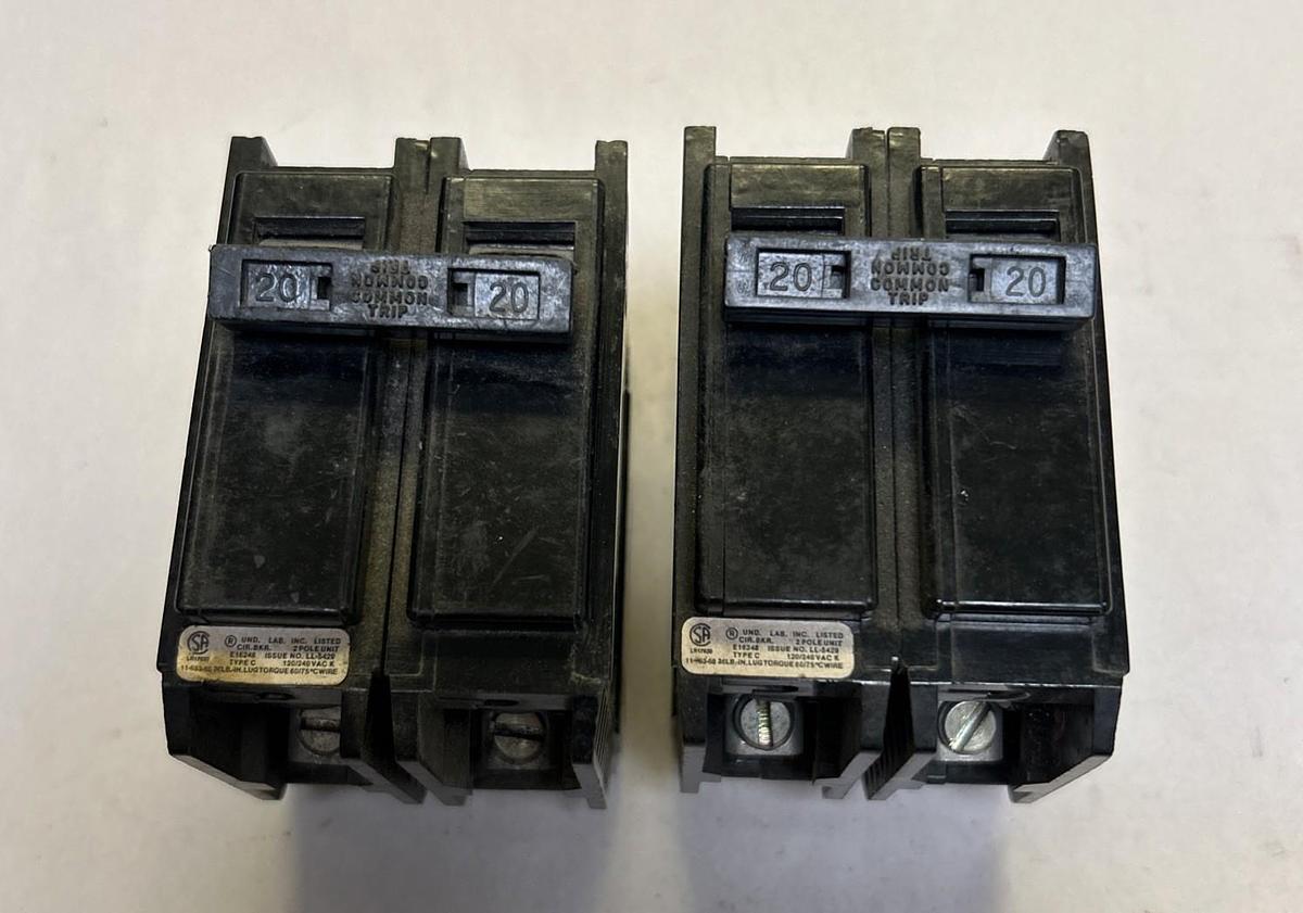 Used SYLVANIA,C220,CIRCUIT BREAKER 20A 120/240V 2P LOT OF 2