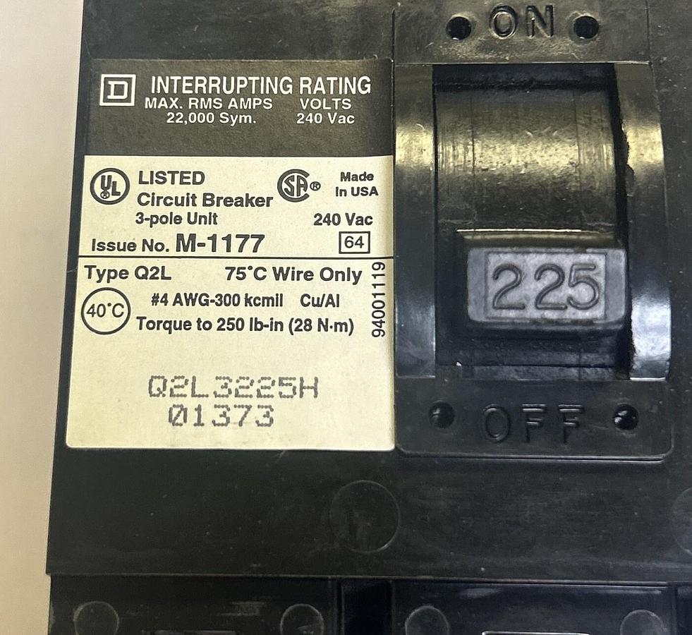 Used SQUARE D,Q2L3225H,CIRCUIT BREAKER 224A 240V 3P