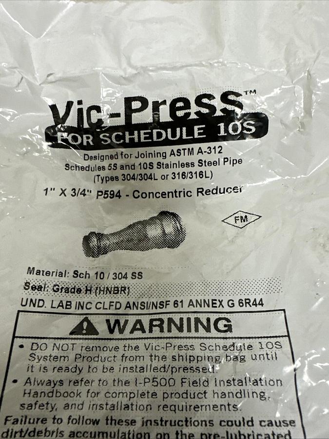 Used Vic-Press,P594,Concentric Reducer 1" x 3/4" SCH 10 304SS