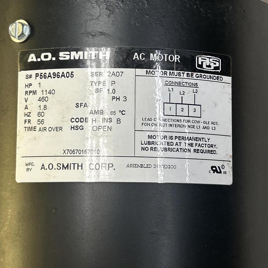 Used AO SMITH,P56A96A05,AC MOTOR 1HP 460V 1140RPM 3PH 56 FRAME