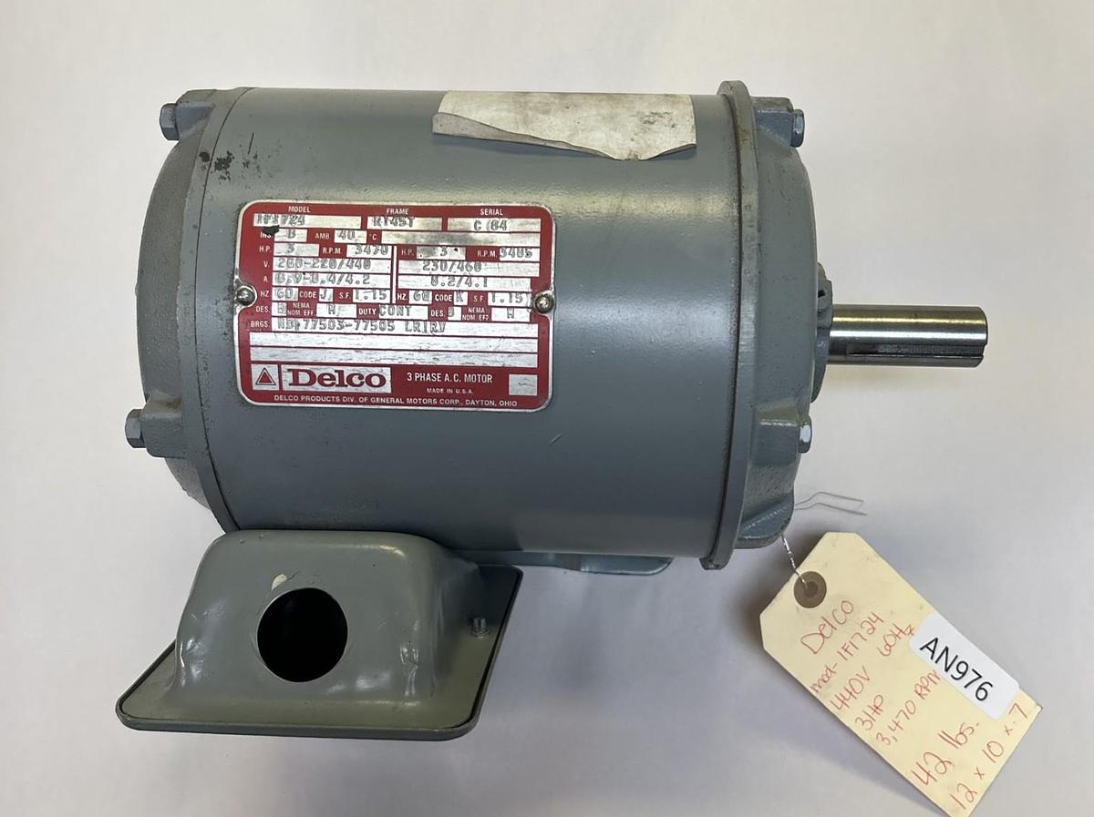 Used DELCO,1F1724,AC MOTOR 3HP 3470RPM 208-220/440V 3PH RY45T FRAME