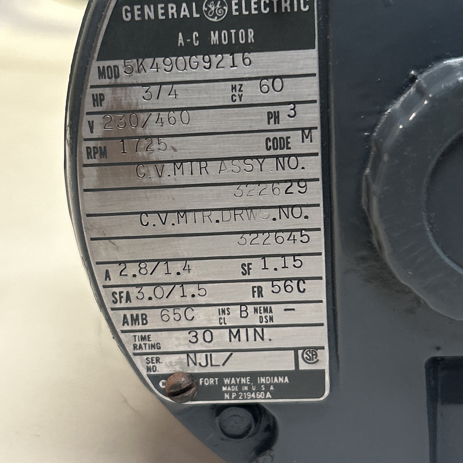 Used GE,5K49QG9216,AC MOTOR 3/4HP 230/460V 1725RPM 3PH 56C FRAME