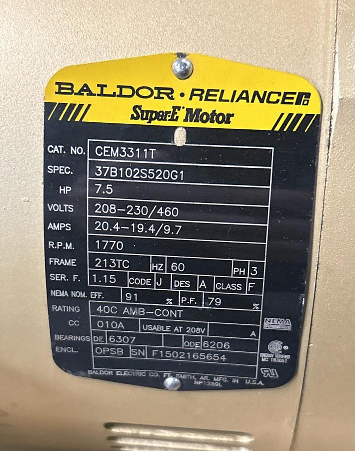 BALDOR,CEM3311T,SUPER-E MOTOR 7.5HP 1770RPM 208-230/460V 3PH 213TC FRAME NOS